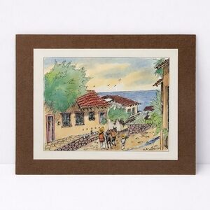 VTG Luis Guerrero Montalban Sea Side Village, Watercolor Charming Village Scene